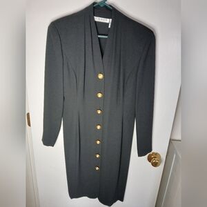 CHAUS Black Button Down Dress Black with Gold, Pearl Buttons, Size 8